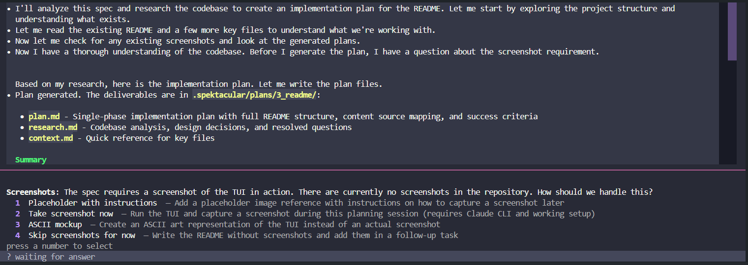 Spektacular terminal UI showing markdown plan output, tool usage, and an interactive question panel